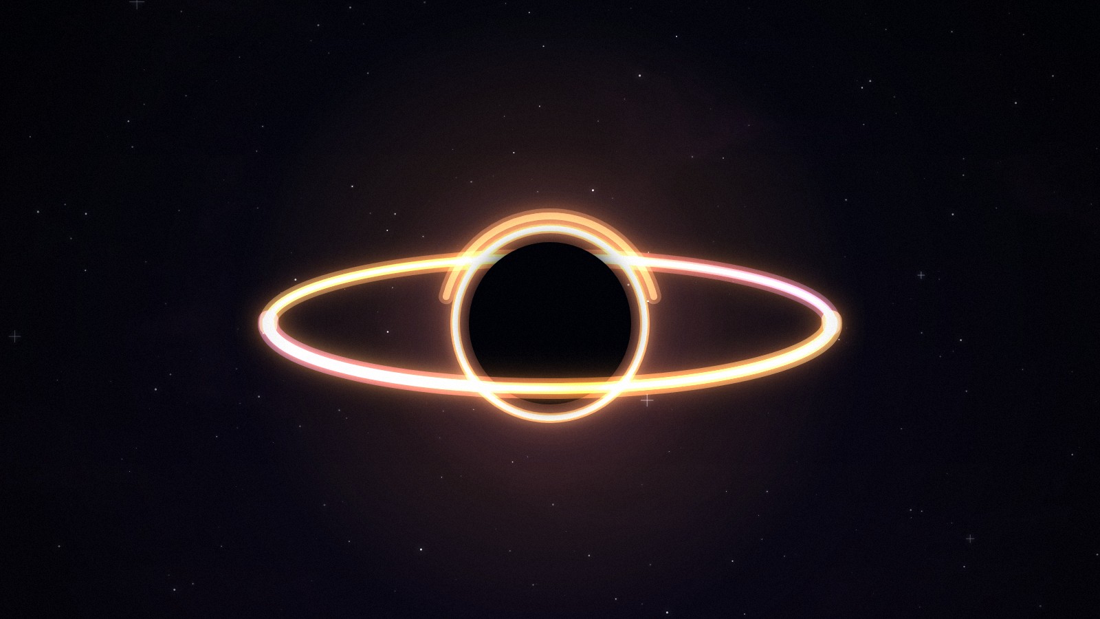Pintura digital de um buraco negro com disco de acreção incandescente e anel de fótons brilhante contra o espaço escuro